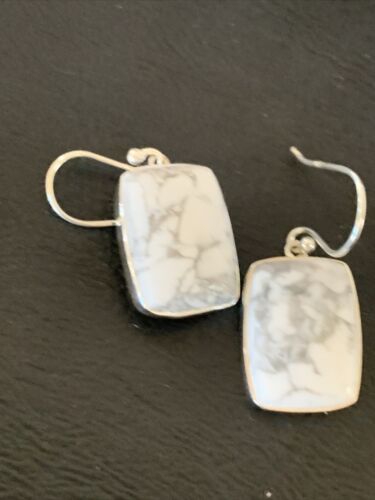Navajo Sterling Silver White Howlite Black Dangle Rectangle Earrings | 0.75" | 12071