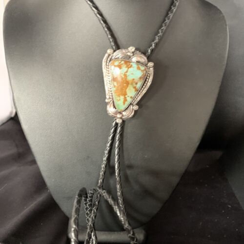 Navajo Green Royston Turquoise Bolo Tie | Sterling Silver | Authentic Native American Handmade | 14109