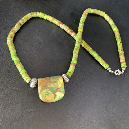 Navajo Green Gaspeite Turquoise Pendant | Sterling Silver | Authentic Native American Handmade | 13900