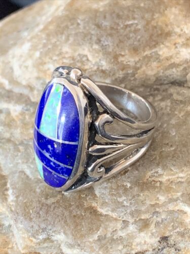 Native American Navajo Lapis & Opal Inlay Ring | Sterling Silver | Sz 7 | 1484