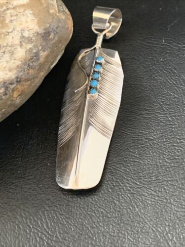 Navajo Turquoise Feather Pendant | Authentic Native American Sterling Silver | Multi-Stone | Handmade | 3.5" | 2106