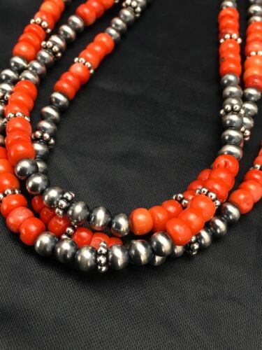 Navajo Red Coral 3 Strand Necklace | Sterling Silver | Authentic Native American Handmade | 2585