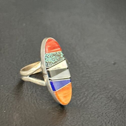 Navajo Sterling Silver Multi-Color Red Spiny Oyster Lapis Inlay Ring Sz 6 | Handmade | 14725