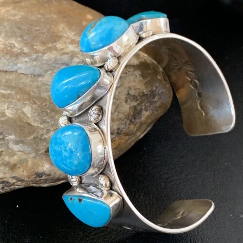 Navajo Kingman Turquoise Row Cuff Bracelet | Sterling Silver | Authentic Native American Handmade | 1410