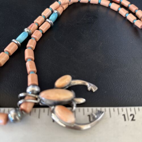 Navajo Pink Coral & Blue Turquoise Necklace with Naja Pendant | Sterling Silver | Native American Handmade | 14813