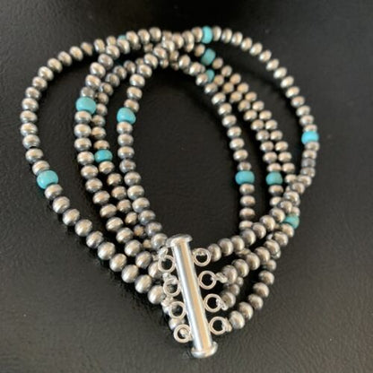 Navajo Pearls Blue Turquoise Bracelet | Sterling Silver | 4-Strand | Authentic Native American Handmade | 13148
