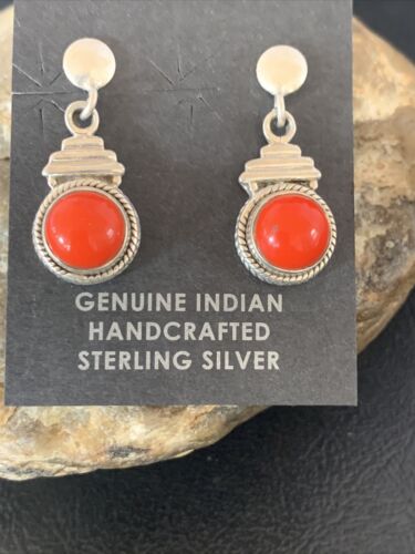 Native American Navajo Red Coral Dangle Earrings | Sterling Silver | 1" | 13113 - Masha USA