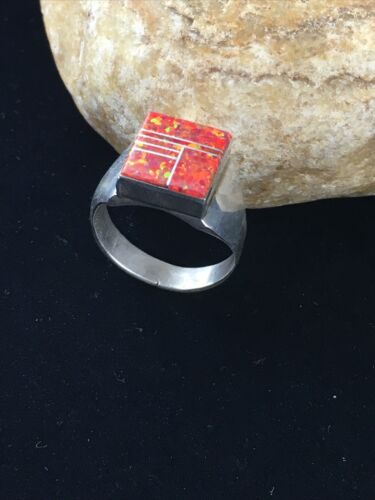 Native American Navajo Red Opal Inlay Ring | Sterling Silver | Sz 9.75 | 10106