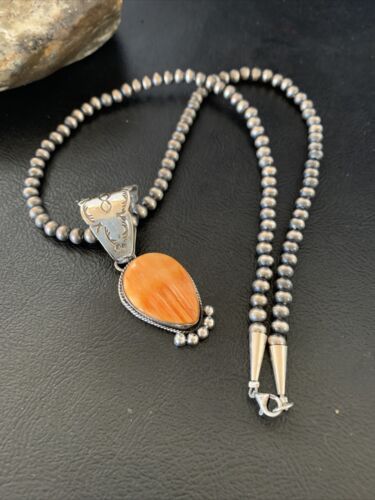 Navajo Orange Spiny Oyster Pendant Necklace | Sterling Silver | Authentic Native American Handmade | 13075