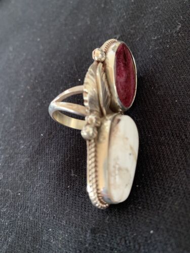 Navajo White Buffalo Turquoise & Spiny Oyster Multi-Stone Ring | Authentic Native American Sterling Silver | Sz 9 | 308