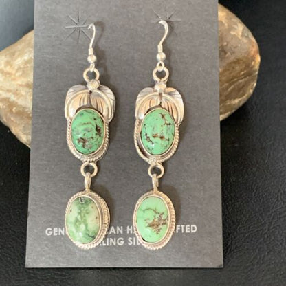 Navajo Green Spiderweb Turquoise Dangle Earrings | Sterling Silver | Authentic Native American Handmade | 13544
