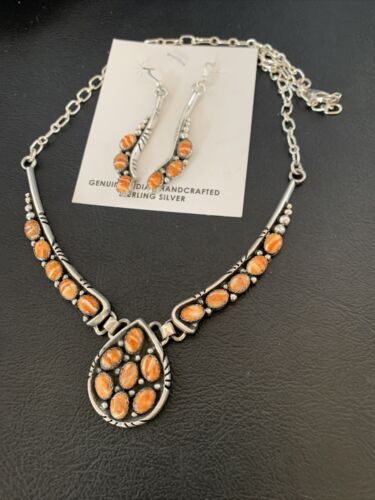 Navajo Orange Spiny Oyster Necklace Earrings Set | Sterling Silver | Authentic Native American Handmade | 2103