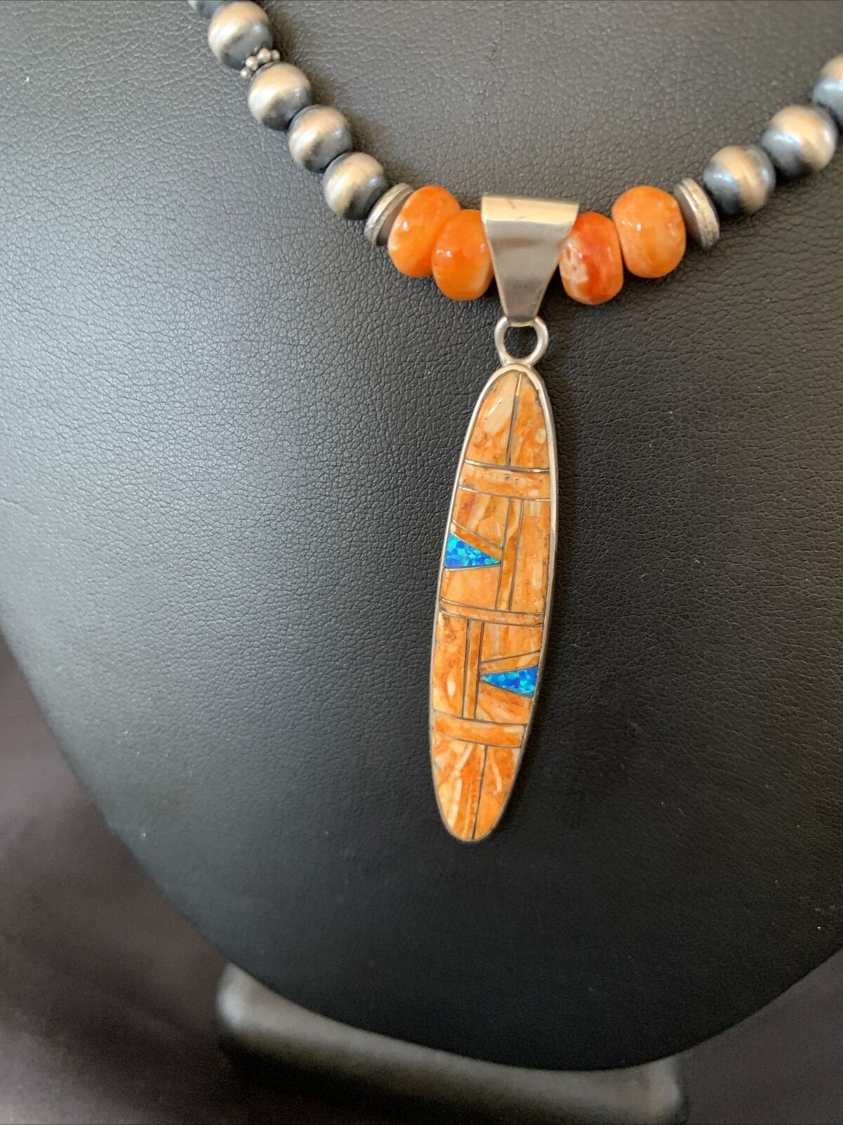 Navajo Pearls Sterling Silver Necklace with Orange Spiny Oyster & Opal Pendant | Authentic Native American | 11384