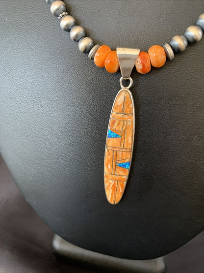 Navajo Pearls Sterling Silver Necklace with Orange Spiny Oyster & Opal Pendant | Authentic Native American | 11384