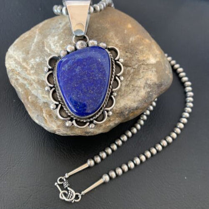 Native American Navajo Blue Lapis Pendant Necklace | Sterling Silver | Authentic Handmade | 11849 - Masha USA