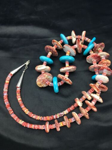 Navajo Spiny Oyster & Turquoise Necklace | Sterling Silver | Authentic Native American Handmade | 32" | 2910