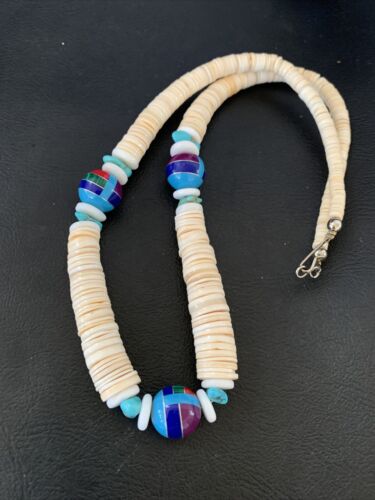 Authentic Native American Santo Domingo Shell & Turquoise 3-Bead Pendant Necklace with Pearls | 20" | 12524