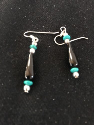 Navajo Black Onyx Turquoise Bead Dangle Earrings | Sterling Silver | Authentic Native American Handmade | 13455