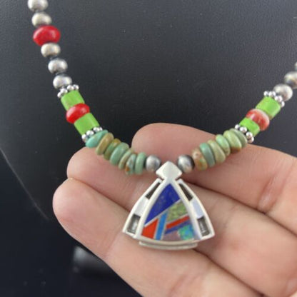 Navajo Turquoise & Spiny Oyster Inlay Pendant Necklace | Sterling Silver | Authentic Native American Handmade | 01622