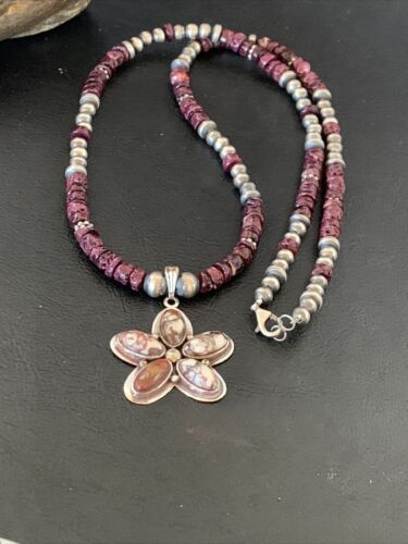 Navajo Sterling Silver Wild Horse Pendant | Authentic Native American Purple Spiny Oyster Necklace | Multi-Stone | 12330