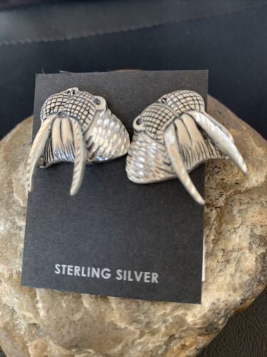 Native Old Pawn Walrus All Sterling Silver Diamond cut Stud Earrings 1" 12993