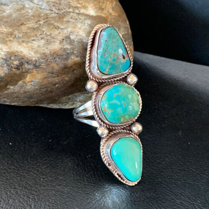 Navajo Sterling Silver Turquoise Ring | Authentic Native American Multi-Stone | Sz 11 | Blue Green | 2125