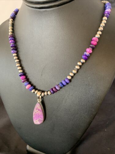 Navajo Pearl Necklace with Purple Sugilite Pendant | Sterling Silver | Authentic Native American Handmade | 11745