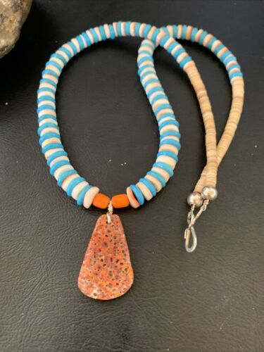Santo Domingo Shell Pendant | Spiny Oyster & Blue Turquoise | 20" Necklace | Navajo | 12521