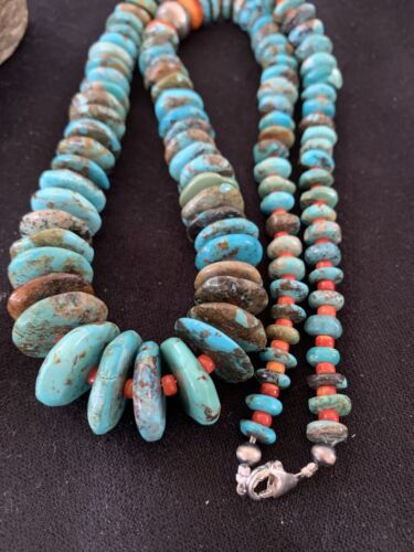 Navajo Sterling Silver Natural Blue Turquoise & Spiny Oyster Graduated Necklace | Authentic Native American | 28" | 331