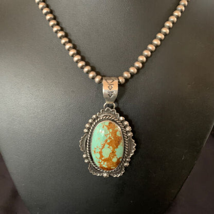 Navajo Pearls Sterling Silver Necklace with Blue Turquoise #8 Pendant | Authentic Native American Handmade | 11298