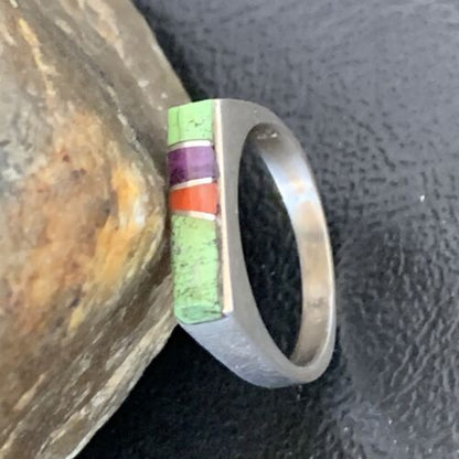 Southwestern Navajo Green Gaspeite Sugilite Red Coral Inlay Ring | Sz 6 | 10991