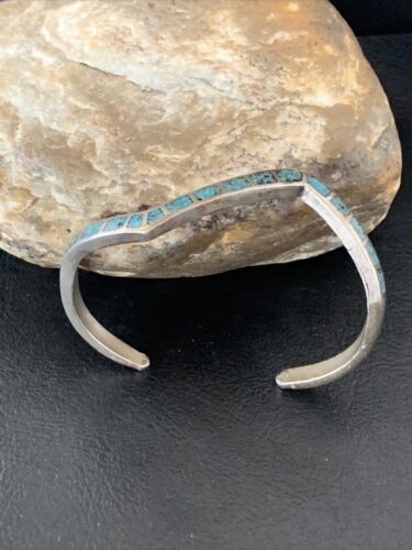 Navajo Old Pawn Blue Turquoise Chip Inlay Bracelet | Sterling Silver | Authentic Native American Handmade | 1168