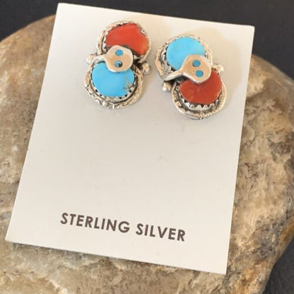 Zuni Snake Earrings | Blue Kingman Turquoise & Red Coral | Sterling Silver | Native American Handmade | 12041