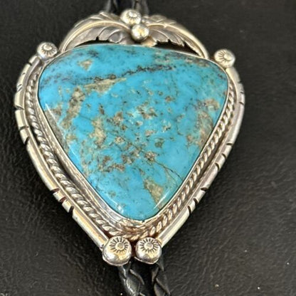 Navajo Blue Kingman Turquoise Bolo Tie | Sterling Silver | Authentic Native American Handmade | 14254