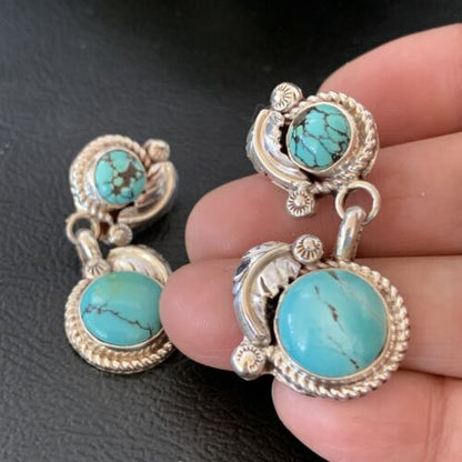 Handmade Navajo Spiderweb Turquoise Dangle Earrings | Sterling Silver Post | Authentic Native American | 1483