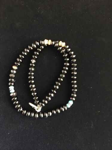 Navajo Black Onyx Turquoise Necklace | Sterling Silver | 18" | Authentic Native American Handmade | 10022