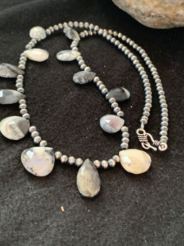 Navajo Pearls Pear Shape Necklace | Sterling Silver Black Rutile Opal Teardrop | Authentic Native American Handmade | 4088
