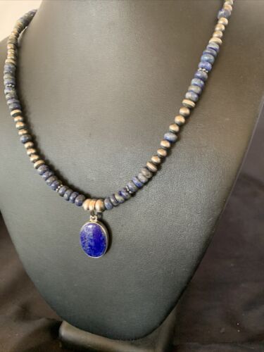 Native American Navajo Blue Lapis Pendant Necklace | Sterling Silver | Authentic Handmade | 12251