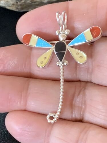 Zuni Turquoise & Yellow Mother of Pearl Inlay Dragonfly Sterling Necklace Pin Pendant | 12320