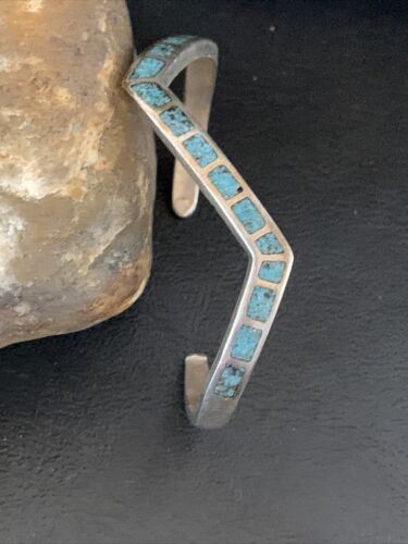 Navajo Old Pawn Blue Turquoise Chip Inlay Bracelet | Sterling Silver | Authentic Native American Handmade | 1168