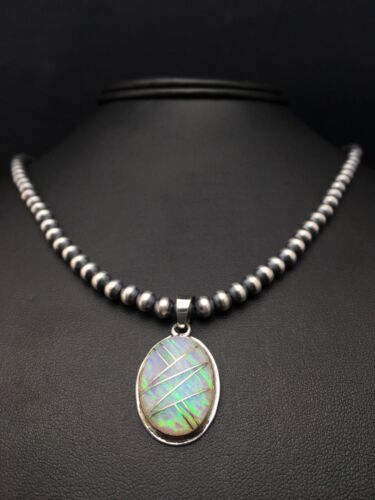 Navajo Pearls Opal Inlay Pendant | Sterling Silver Necklace | Authentic Native American Handmade | 4400