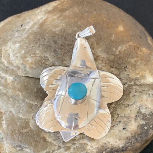 Navajo Blue Turquoise Turtle Pendant | Sterling Silver | Authentic Native American Handmade | 12804