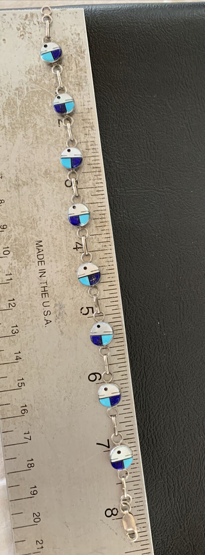 Navajo Blue Turquoise Lapis Inlay Link Bracelet | Sterling Silver | 8" | Authentic Native American Handmade | 1454