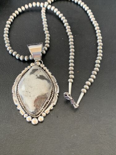 Navajo White Buffalo Turquoise Necklace Pendant | Sterling Silver | XL Men's | Authentic Native American Handmade | 11685