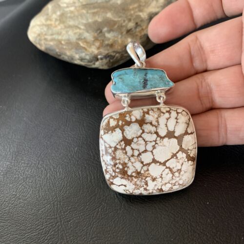 Navajo Wild Horse & Blue Kingman Turquoise Sterling Silver Pendant | Multi-Stone | 12042