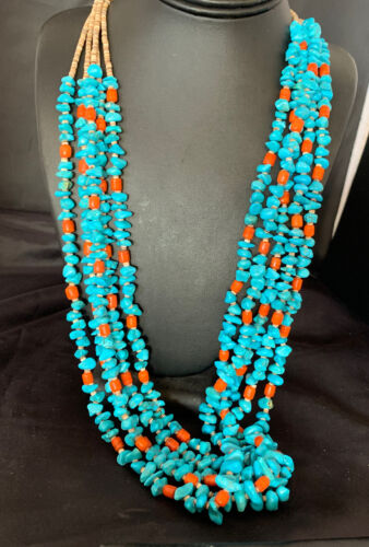 Native American Santo Domingo Spiny Blue Turquoise Shell Jacla Necklace | 5 Strand | 36" | 13194