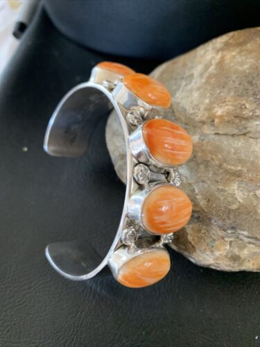 Native American Navajo Orange Spiny Oyster Row Cuff Bracelet | Sterling Silver | 1409