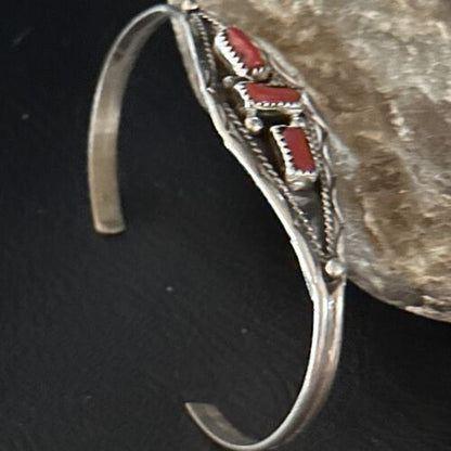 Native American Navajo Red Coral Cuff Bracelet | Sterling Silver | Authentic Handmade | 14592