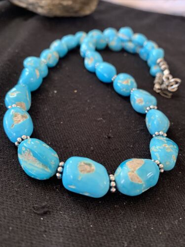 Navajo Sleeping Beauty Turquoise Beads Necklace | Sterling Silver Pearls | Authentic Native American Handmade | 00800