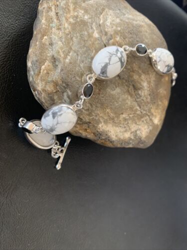 Native American Sterling Silver Smoky Quartz White Howlite Link Bracelet | 8" | 11656